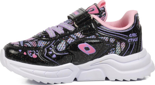 317-P Siyah-Pembe-Lila Kalp Desenli Kız Çocuk Spor Ayakkabı