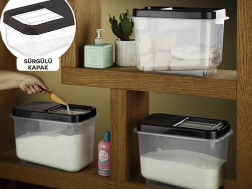 Kayar Kapaklı Çok Amaçlı Erzak, Bakliyat Deterjanlık Vs. Saklama Kabı 3 Lü 10 Litre Siyah Multibox