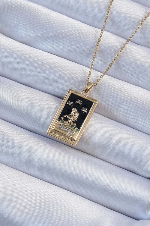 Altın Renk Zirkon Taşlı Siyah Mineli Kız Figürlü Tarot Kolye - EBJ240920W28211