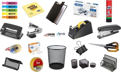 20 Parça Masa Üstü Ofis Seti Çöp Kovası, Sekreterlik, Makas, Bant Makinesi, Delgeç, Zımba Makinesi