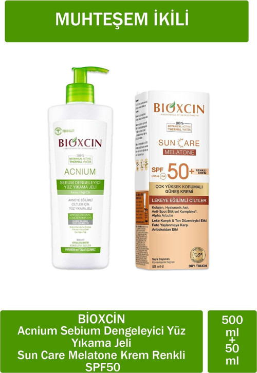 Acnium Sebium Dengeleyici Yüz Yıkama Jeli 500 Ml + Bioxcin Sun Care Melatone Krem Renkli SPF50 50 ml