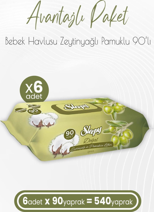 Zeytinyağlı ve Pamuklu Islak Bebek Havlusu 90 Yaprak x 6 (540 Yaprak)