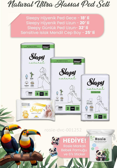 Natural Ultra Hassas Hijyenik Ped 3'lü, Sensitive Mendil Cep Boy 25' li ve ROSIE
