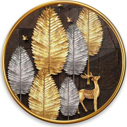 Gold Yapraklar Yuvarlak Cam Tablo | Hediyelik, Dekoratif, Ofis, Mutfak