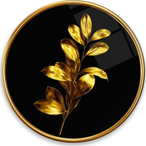 Gold Yapraklar Yuvarlak Cam Tablo | Hediyelik, Dekoratif, Ofis, Mutfak