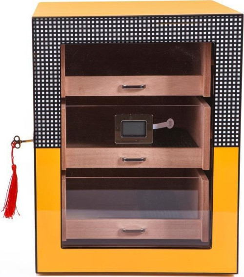 PremiumQuality Sarı Cohiba Desenli 4 Çekmeceli Sedir Humidor Puro Kutusu