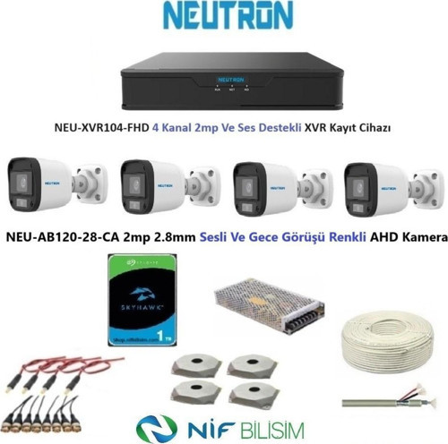 2mp 4 kameralı Gece Renkli Sesli Dış ortam AHD Full Kamera Seti 1TB Disk NEU-AB120-28-CA