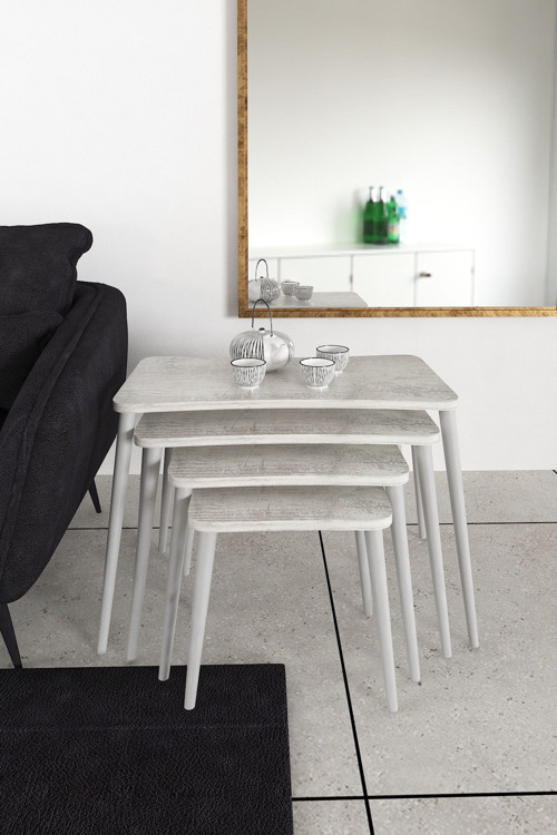 Selen 4Lü Zigon Sehpa Ahşap Beyaz Ayaklı Salon Seti Çay Sehpası – Kristal