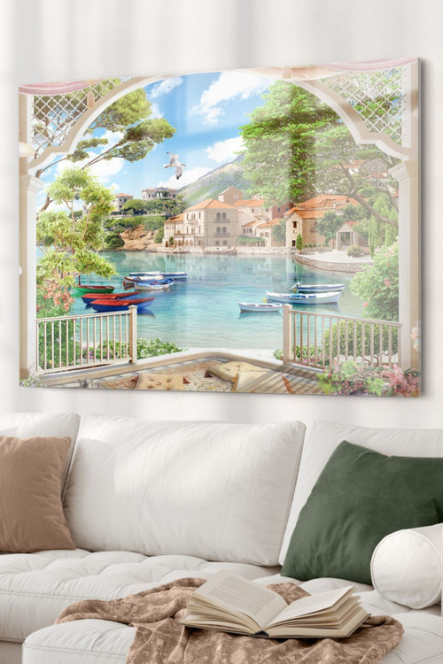 Deniz Kasaba Manzarası | Manzara Temalı Cam Tablo | Hediyelik, Dekoratif, Ofis, Mutfak