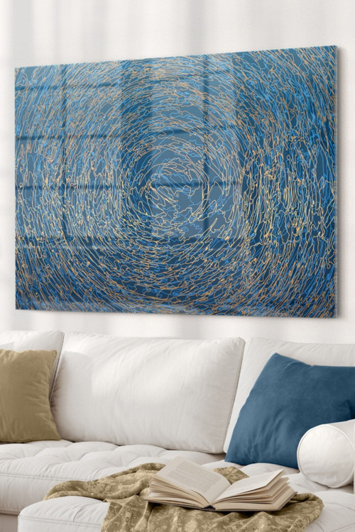 Mavi Geometrik Abstract Desen | Soyut Temalı Cam Tablo | Hediyelik, Dekoratif, Ofis, Mutfak