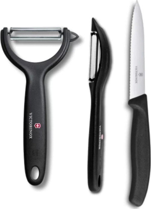 3'lü Siyah Set Dik ve Sapan Soyacak & 10 cm. Tırtıklı Sivri Bıçak