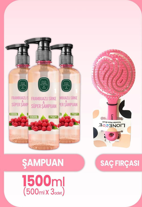 Frambuazlı Sirke & Şampuan 500 ml x 3 Adet ve Saç Fırçası
