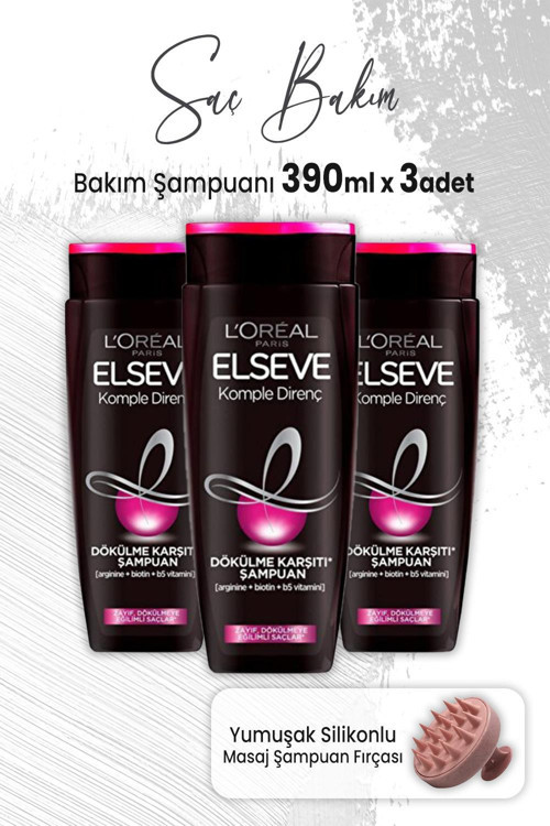 Komple Direnç Dökülme Karşıtı Şampuan 390 ml x 3 Adet ve Masaj Şampuan Fırçası Pembe