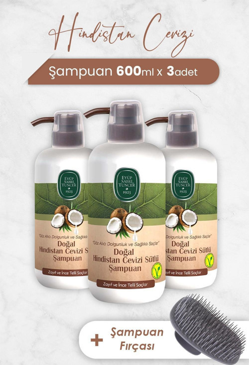 Hindistan Cevizi Şampuan 600 ml x 3 Adet ve Şampuan Fırçası