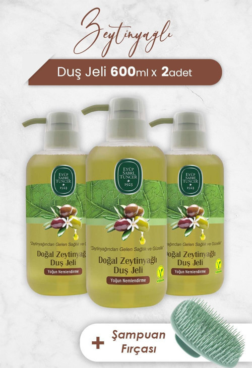 Zeytinyağlı Duş Jeli 600 ml x 3 Adet ve Şampuan Fırçası