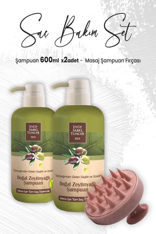 Zeytinyağlı Şampuan 600 ml x 2 Adet ve Masaj Şampuan Fırçası Pembe