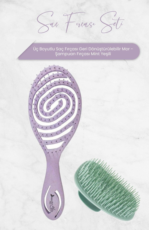 Üç Boyutlu Saç Fırçası Geri Dönüştürülebilir Mor ve Şampuan Fırçası Mint Yeşili