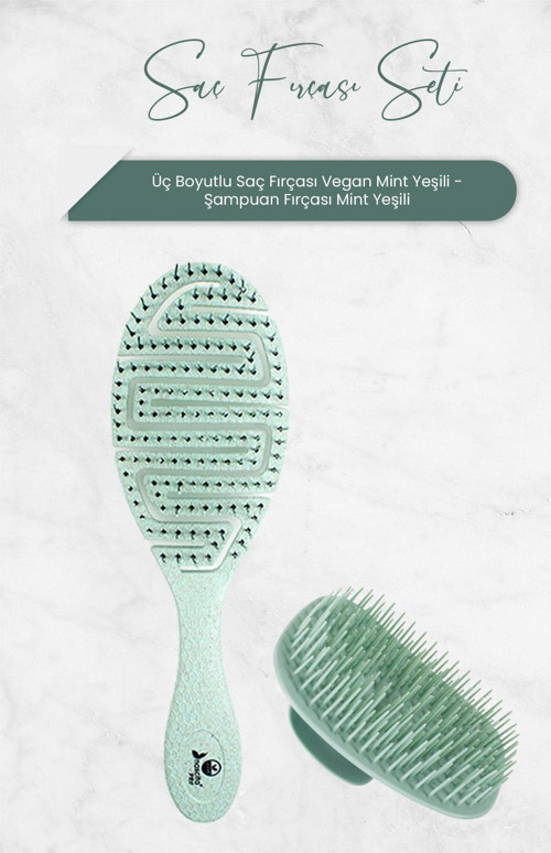 Üç Boyutlu Saç Fırçası Vegan Mint Yeşili ve Şampuan Fırçası Mint Yeşili