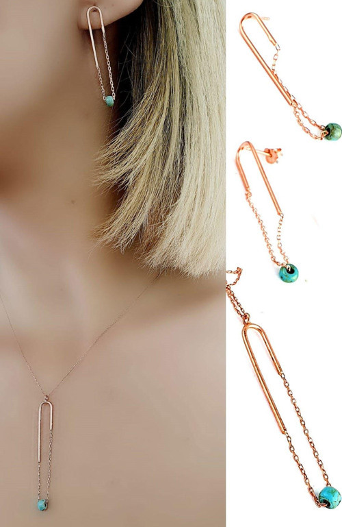 Turkuaz Taşlı Tasarım 925Ayar Gümüş Rose Trend Set Takım