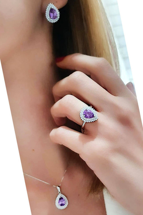 Sky Diamond Taş Detaylı Aleksandrit Taşlı Gümüş Lüks Takı Seti