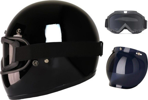 Motosiklet Retro Kask Harley Cafe Racer Vespa Modüler Ve Anti Uv Gözlüklü Motor Kaskı Black