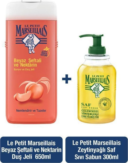 Duş Jeli Beyaz Şeftali & Nektarin 650 ml + Zeytinyağı Sıvı Sabun 300 ml