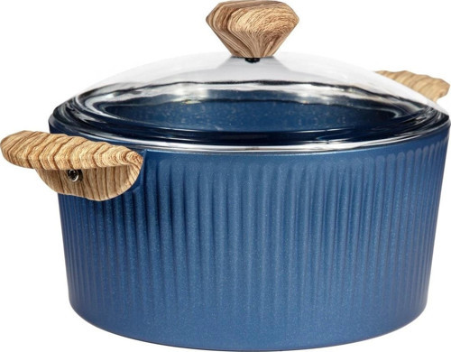 24 cm Febern Premium Bio Granit Alüminyum Döküm Nisch Tencere (Klasik Mavi-Açık Ahşap Kulp)