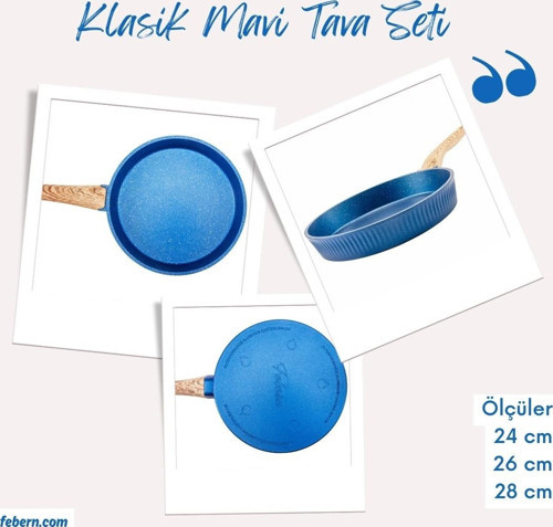 Premium Bio Granit Alüminyum Döküm Nisch Tava Seti (Klasik Mavi-Açık Ahşap Kulp)