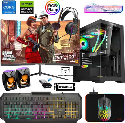 Xsr837 i5 12400F 16GB Ram 512GB M.2 NVMe SSD 12GB RTX3060 27"Curved 180Hz Sıvı Soğutma Oyun Bilgisayarı