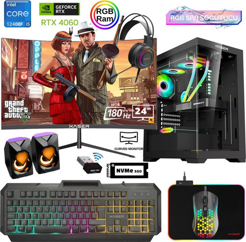 Xsr839 i5 12400F 16GB Ram 512GB M.2 NVMe SSD 8GB RTX4060 24"Curved 180Hz Sıvı Soğutma Oyun Bilgisayarı