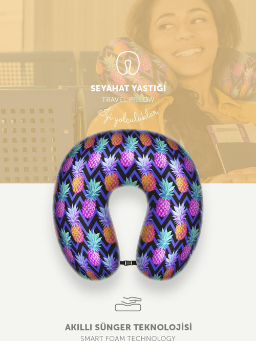 Ortopedik Seyahat Boyun Yastığı Visco Rahat Uyku Yastığı - Ananas Desenli