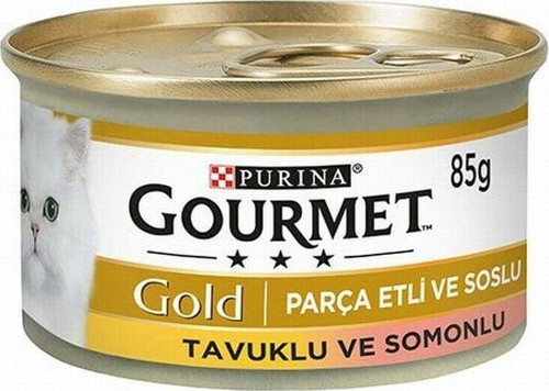 Gold Parça Etli Soslu Somonlu Tavuklu Yetişkin Kedi Konservesi 12 Adet 85 Gr