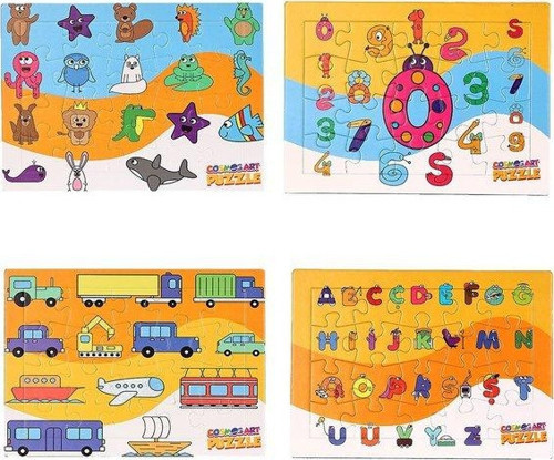 4 lü Smart Puzzle Harfler - Hayvanlar - Taşıtlar - Sayılar