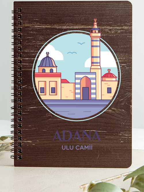 Adana Ulu Camii Şehir Tasarım Ahşap Kapaklı Defter Kraft Kağıt Özel Tasarım Hediye
