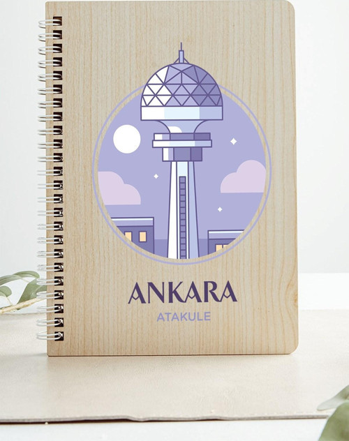 Ankara Ata Kule Şehir Tasarım Ahşap Kapaklı Defter Kraft Kağıt Özel Tasarım Hediye