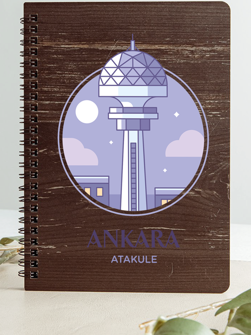 Ankara Ata Kule Şehir Tasarım Ahşap Kapaklı Defter Kraft Kağıt Özel Tasarım Hediye