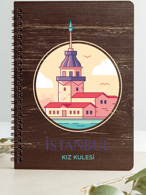 İstanbul Kız Kulesi Şehir Tasarım Ahşap Kapaklı Defter Kraft Kağıt Özel Tasarım Hediye