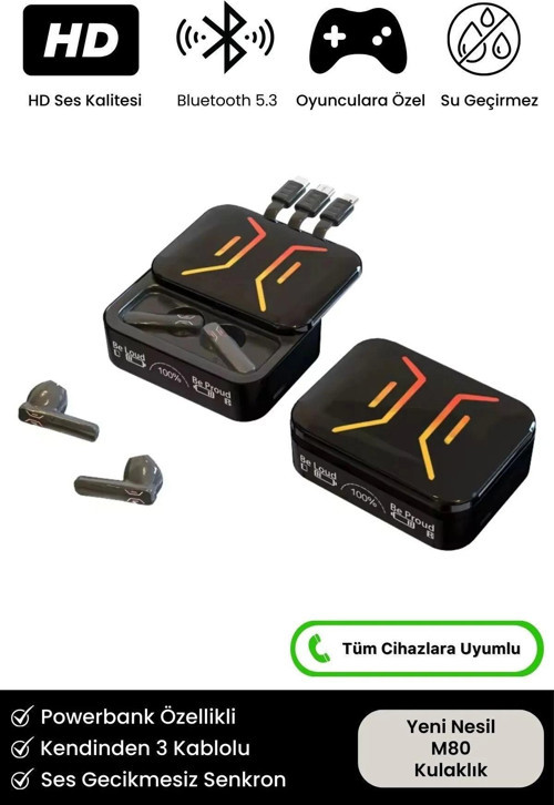 9D Stereo Ses Ios Android Uyumlu Dokunmatik M80 Powerbank Özellikli 5.3 Bluetooth Kablosuz Kulaklık