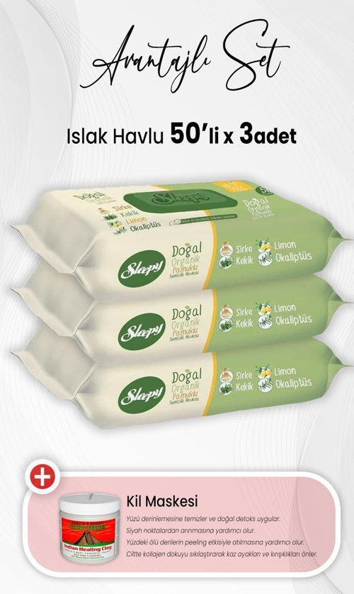 Doğal Ve Organik Islak Mendil 50 Adet x 3 Adet ve Kil Maskesi