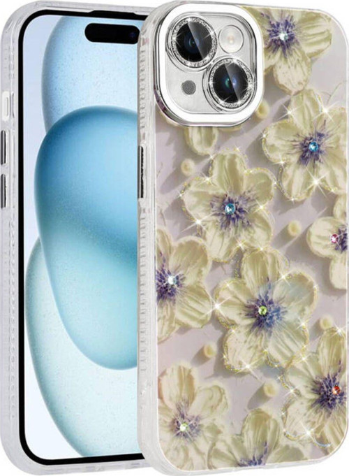 İphone 14 Kılıf Çiçek Desenli Parlak Taşlı Sert Silikon Garden Kapak