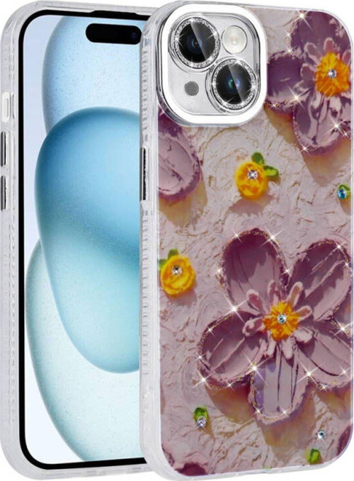 İphone 14 Kılıf Çiçek Desenli Parlak Taşlı Sert Silikon Garden Kapak