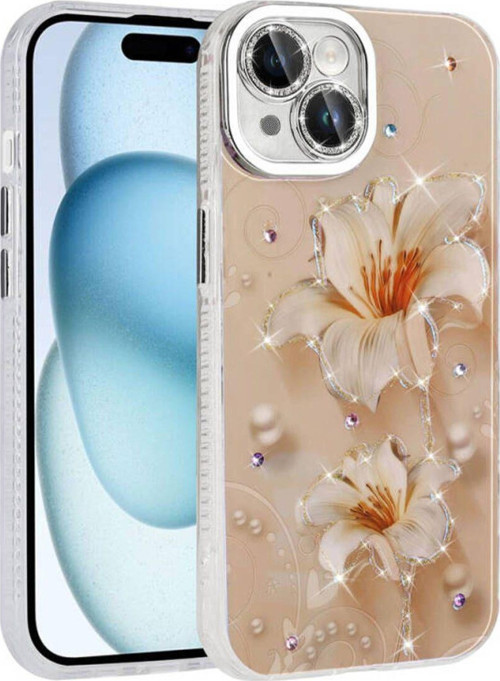İphone 15 Kılıf Çiçek Desenli Parlak Taşlı Sert Silikon Garden Kapak