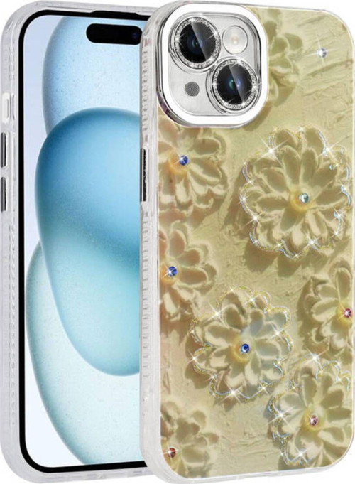 İphone 15 Kılıf Çiçek Desenli Parlak Taşlı Sert Silikon Garden Kapak