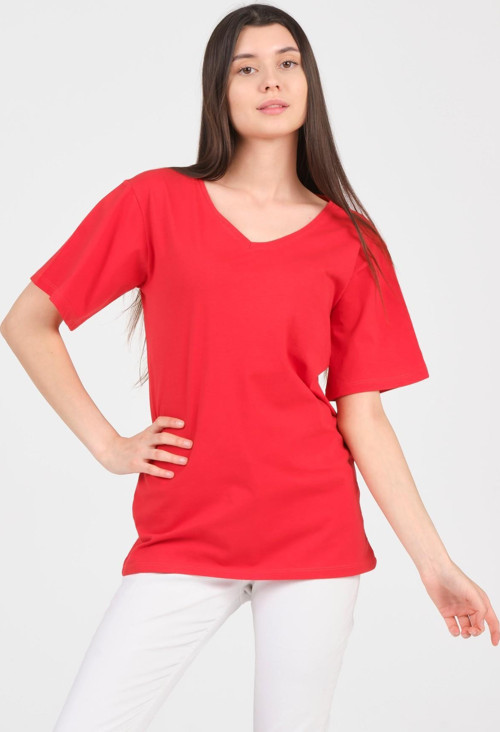 Kırmızı V Yaka Kısa Kol Boyfriend Kadın T-Shirt