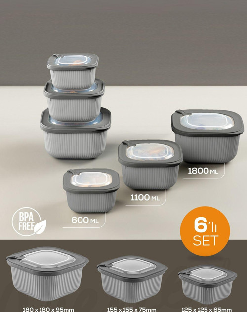 6lı 2x(600-1100-1800 ml) Mikrodalga ve Difrize Uygun Vip Kapaklı Özel Saklama Kabı Seti Antrasit
