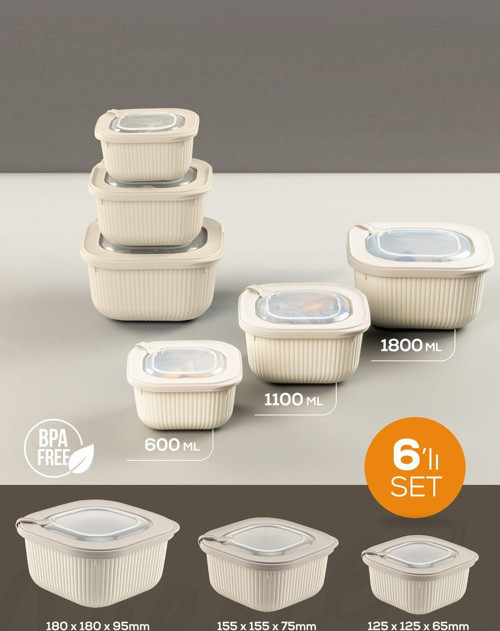 6lı 2x(600-1100-1800 ml) Mikrodalga ve Difrize Uygun Vip Kapaklı Özel Saklama Kabı Seti Bej