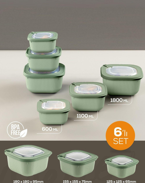 6lı 2x(600-1100-1800 ml) Mikrodalga ve Difrize Uygun Vip Kapaklı Özel Saklama Kabı Seti Yeşil