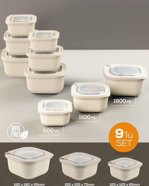 9lu 3x(600-1100-1800 ml) Mikrodalga ve Difrize Uygun Vip Kapaklı Özel Saklama Kabı Seti Bej
