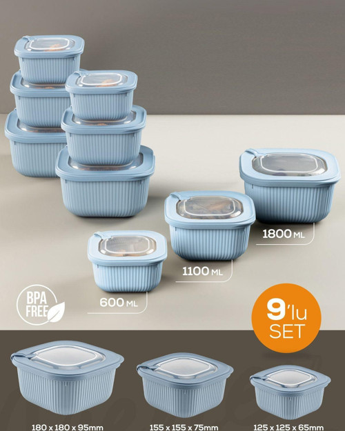 9lu 3x(600-1100-1800 ml) Mikrodalga ve Difrize Uygun Vip Kapaklı Özel Saklama Kabı Seti Mavi