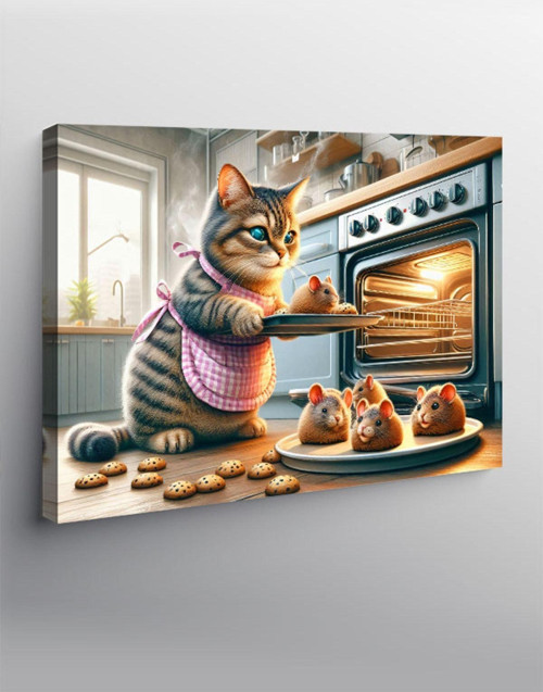 Kanvas Tablo Fırında Kurabiye Yapan Kedi